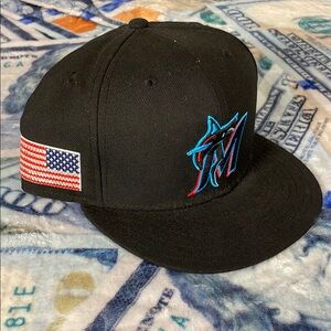 Black Miami Marlins Cap with American Flag Patch Made w/ Swarovski Crystals